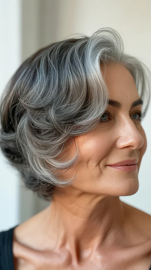 Short Gray Hair with Lowlights and a Soft Wave for Women Over 50