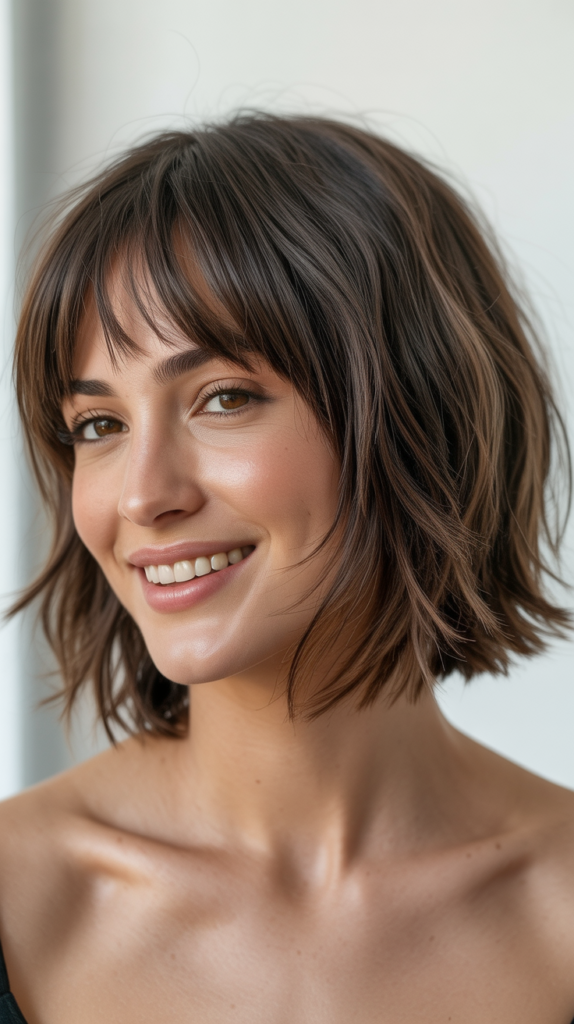 Shaggy Lob with Bangs for Round Faces