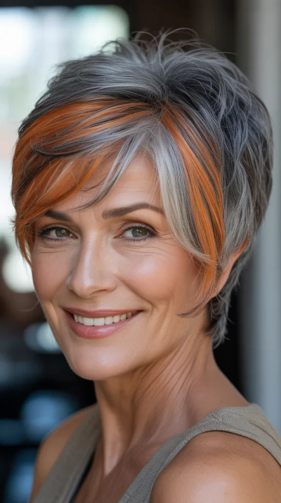 Short Gray Hair with Caramel Lowlights for Women Over 50