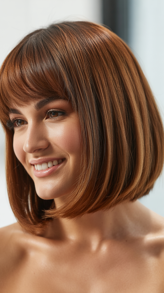 Medium Inverted Bob Haircuts with Angled Lob and Bangs