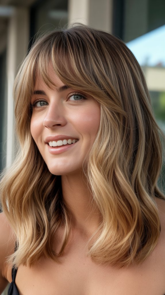 Lob Haircuts with Beachy Waves and Bangs