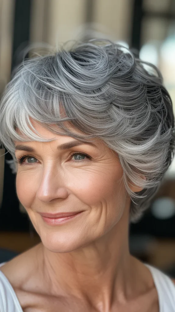 Softly Layered Gray Hair with Lowlights for Women Over 50