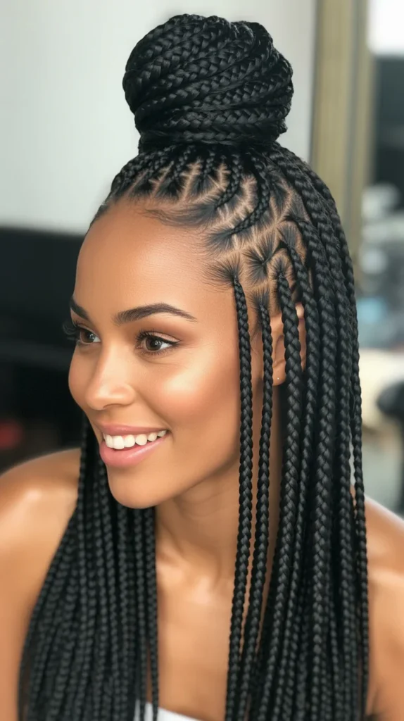 Straight Back Braids with a Top Knot