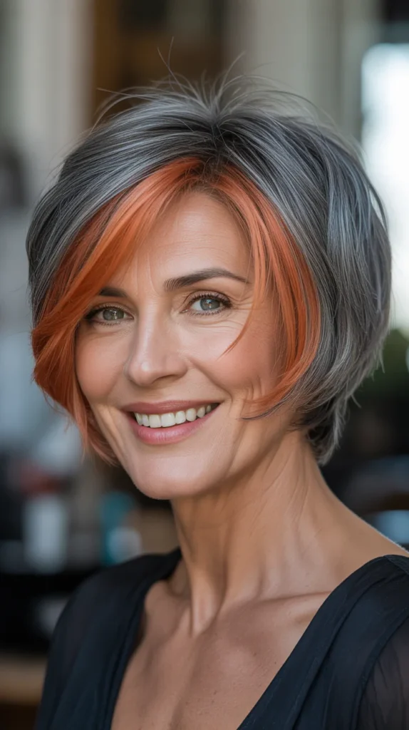 Short Gray Hair with Bold Copper Lowlights for Women Over 50