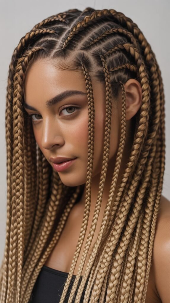Stylish Feed-In Knotless Braids with Highlights to Add Depth and Dimension!