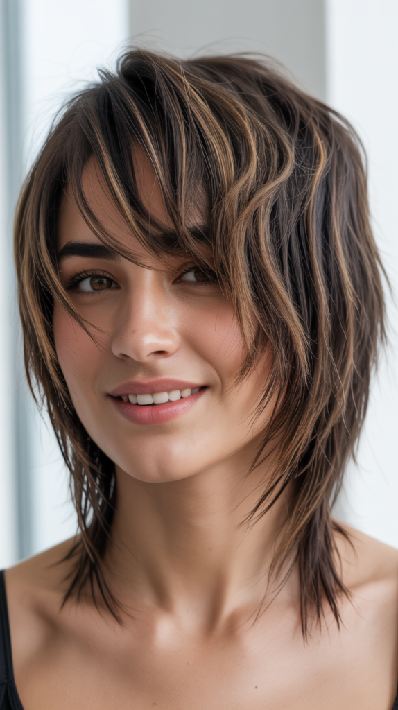 Shag Bangs with a Deep Side Part: Dramatic and Bold