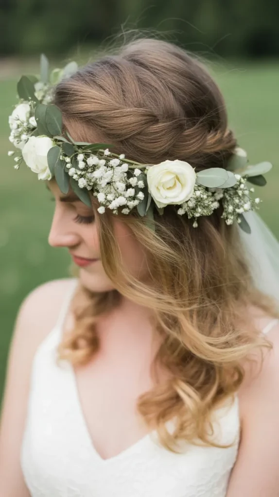 Half-up Half-down Wedding Hairstyles with a Flower Crown