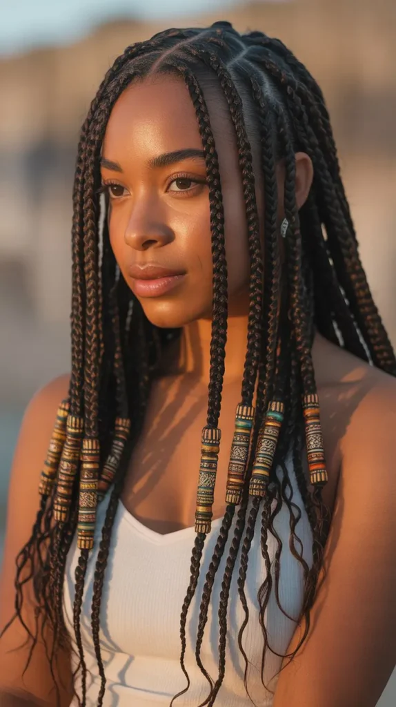 Soft and Relaxed Fulani Knotless Braids with Beachy Waves