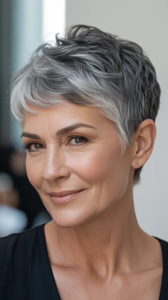Trendy Pixie Cut Gray Hair with Lowlights for Women Over 50