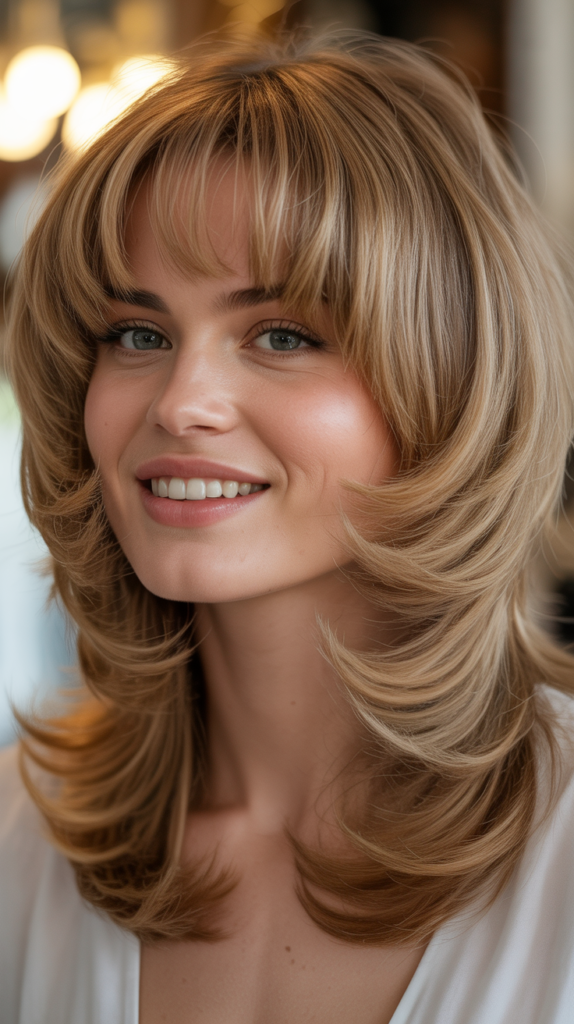 70s Shag Hairstyle with Curtain Bangs: Retro and Radiant
