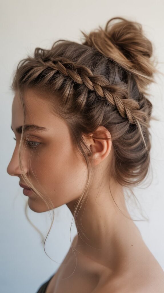 Side-Part Braids with a Messy Bun for a Casual Look