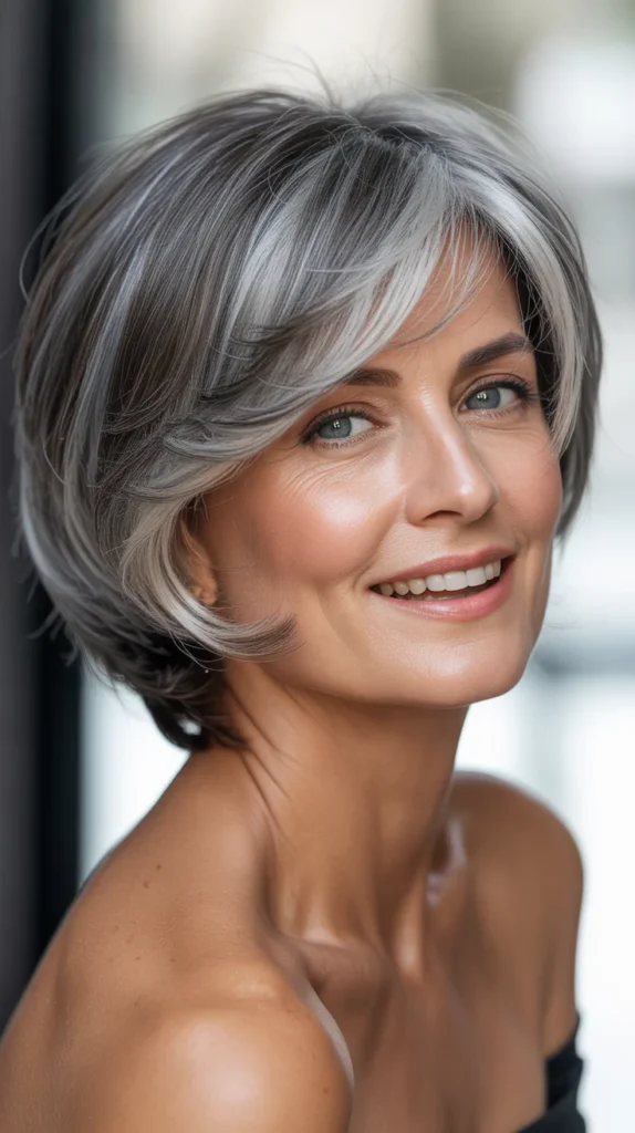 Glamorous Short Gray Hair with Lowlights for Women Over 50