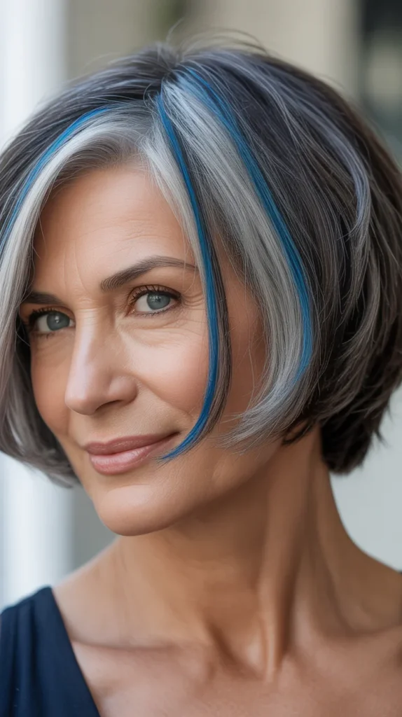 Short Gray Hair with Blue Lowlights for Women Over 50