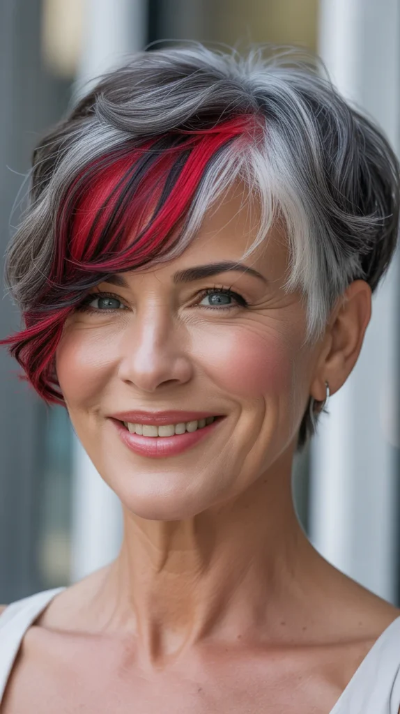 Short Gray Hair with Bold Red Lowlights for Women Over 50