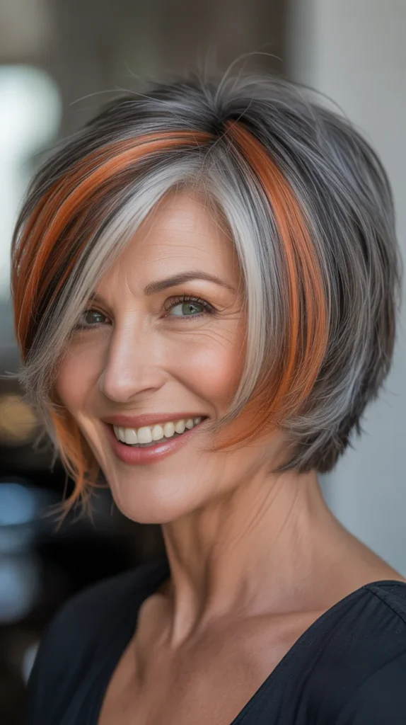 Short Gray Hair with Copper and Blonde Lowlights for Women Over 50