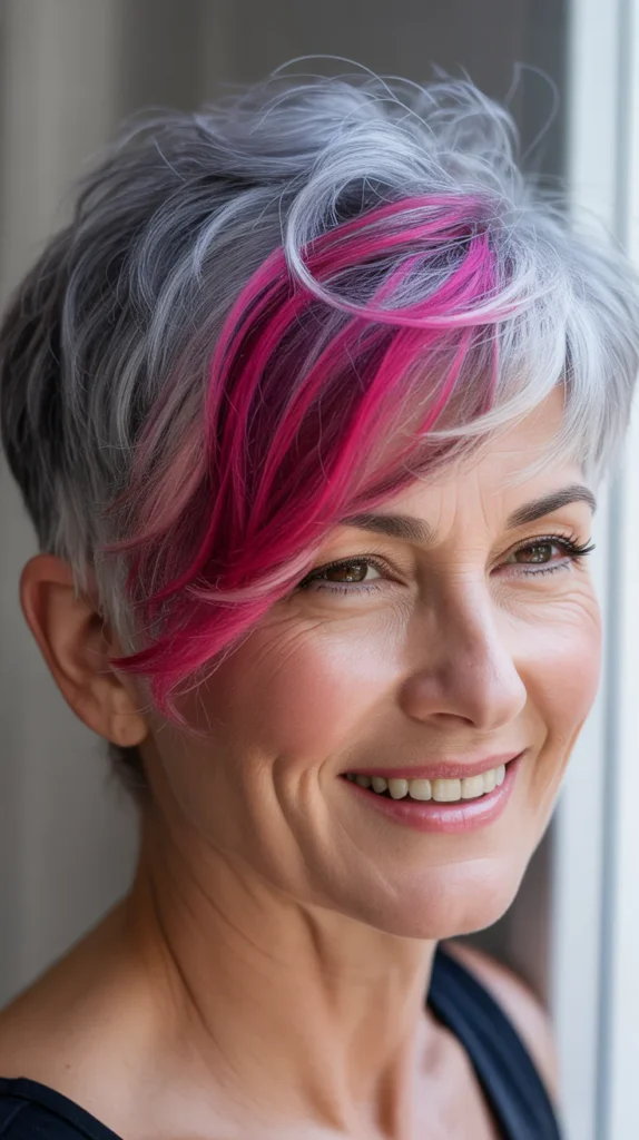 Vibrant Pink Lowlights on Short Gray Hair for Women Over 50
