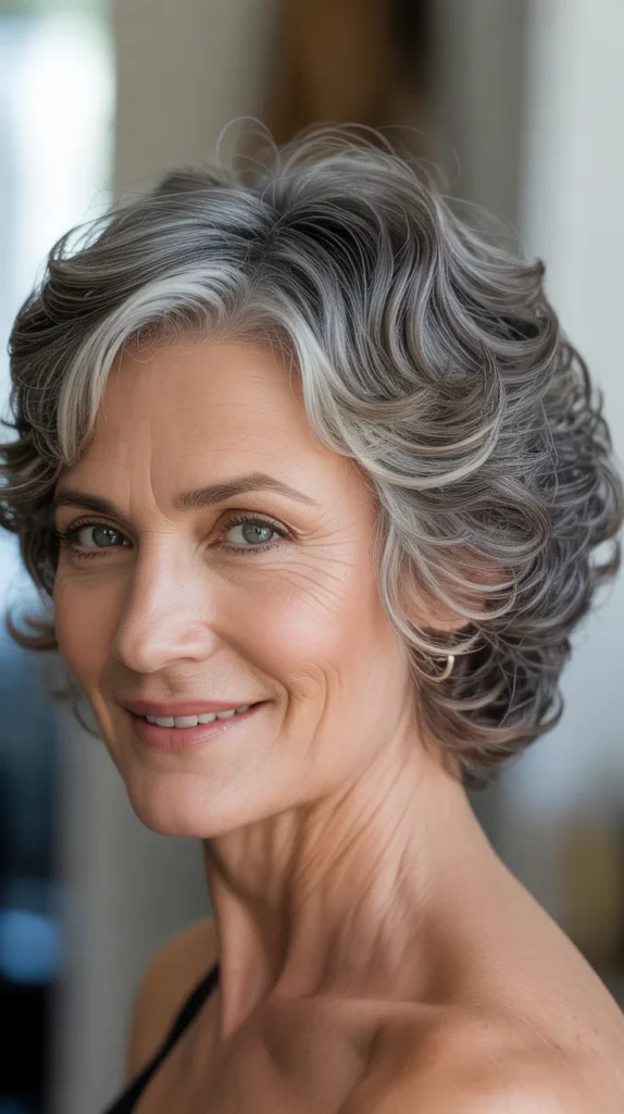 Short Gray Hair with Lowlights and Soft Curls for Women Over 50
