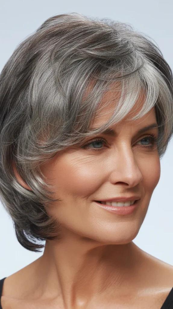 Layered Short Gray Hair with Lowlights for Women Over 50