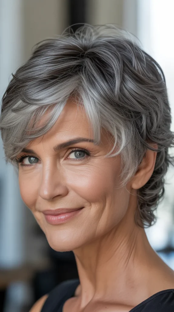 Textured Short Gray Hair with Lowlights for Women Over 50