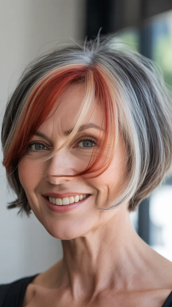 Short Gray Hair with Red and Blonde Lowlights for Women Over 50