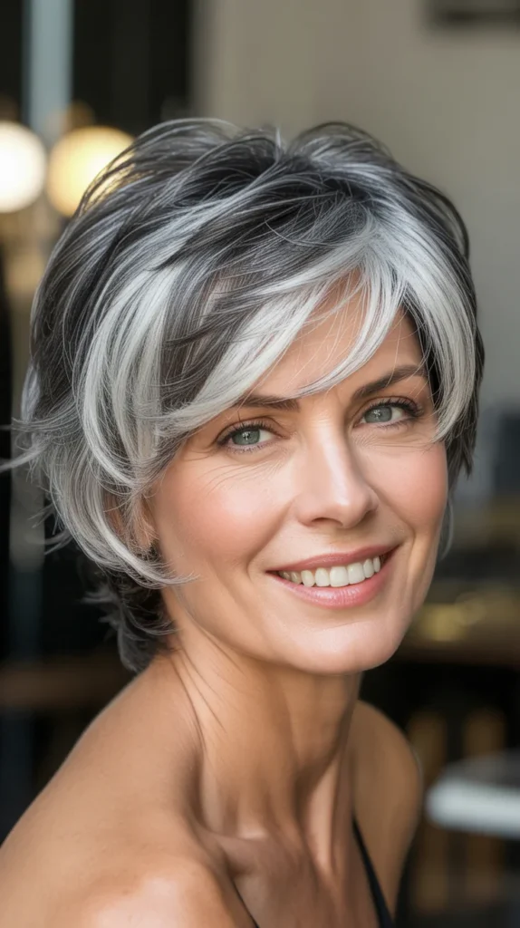 Messy Short Gray Hair with Lowlights for Women Over 50