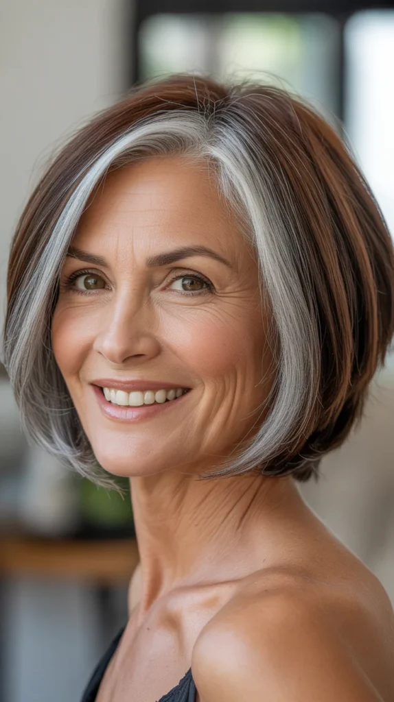 Short Gray Hair with Soft Brown Lowlights for Women Over 50