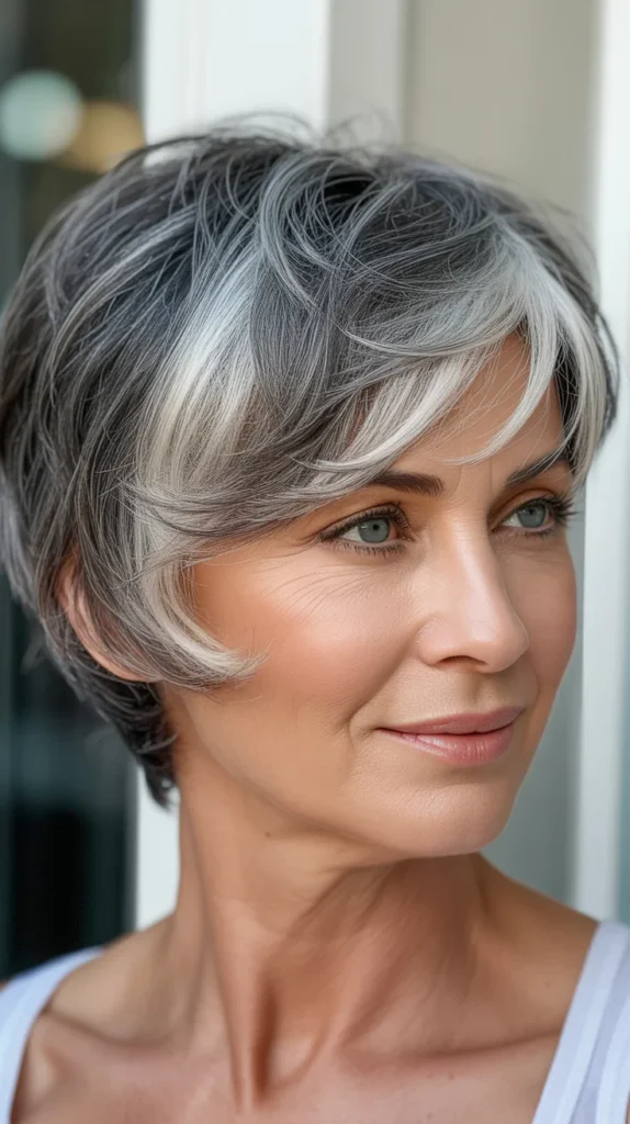 Choppy Short Gray Hair with Lowlights for Women Over 50