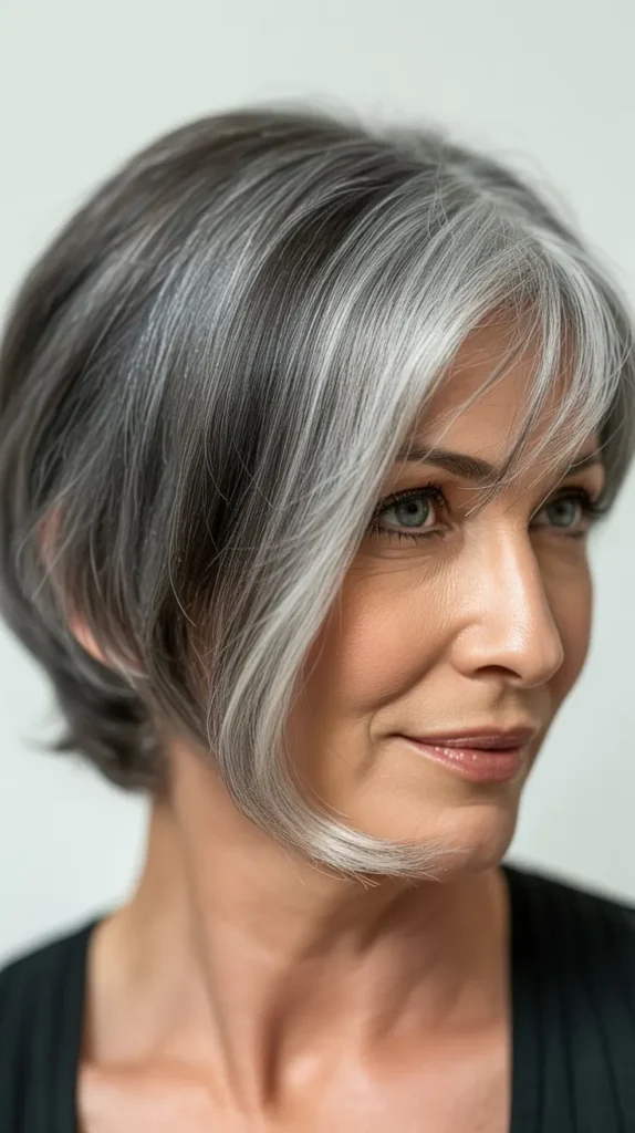 Chic Asymmetrical Gray Hair with Lowlights for Women Over 50