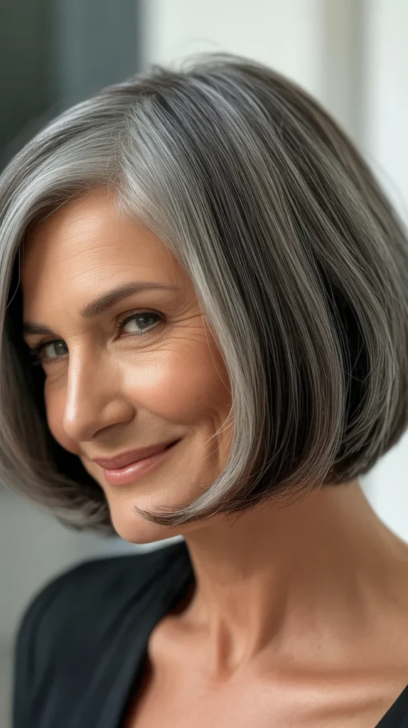 Short Gray Hair with Lowlights and a Sleek Bob for Over 50s