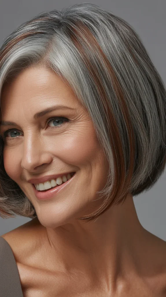  Sleek Short Gray Hair with Subtle Brown Lowlights for Women Over 50