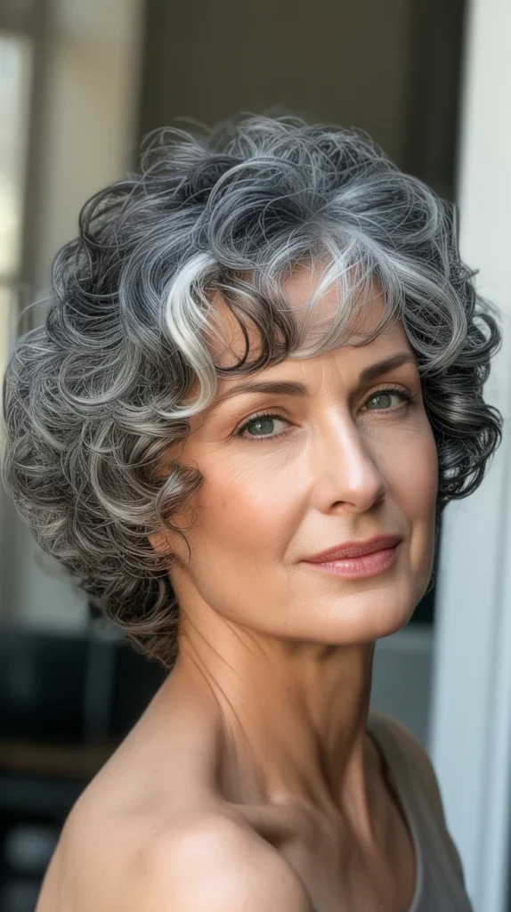 Beautiful Curly Short Gray Hair with Lowlights for Women Over 50