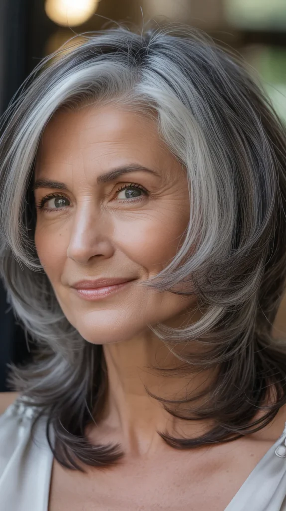 Elegant Medium-Length Gray Hair with Lowlights for Over 50s