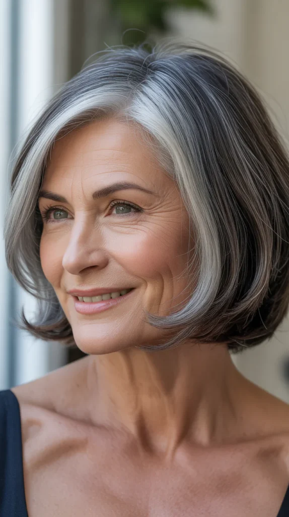 Short Gray Hair with Lowlights and a Side Part for Women Over 50