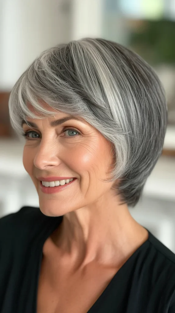 Short Gray Hair with Sleek, Straight Lowlights for Women Over 50