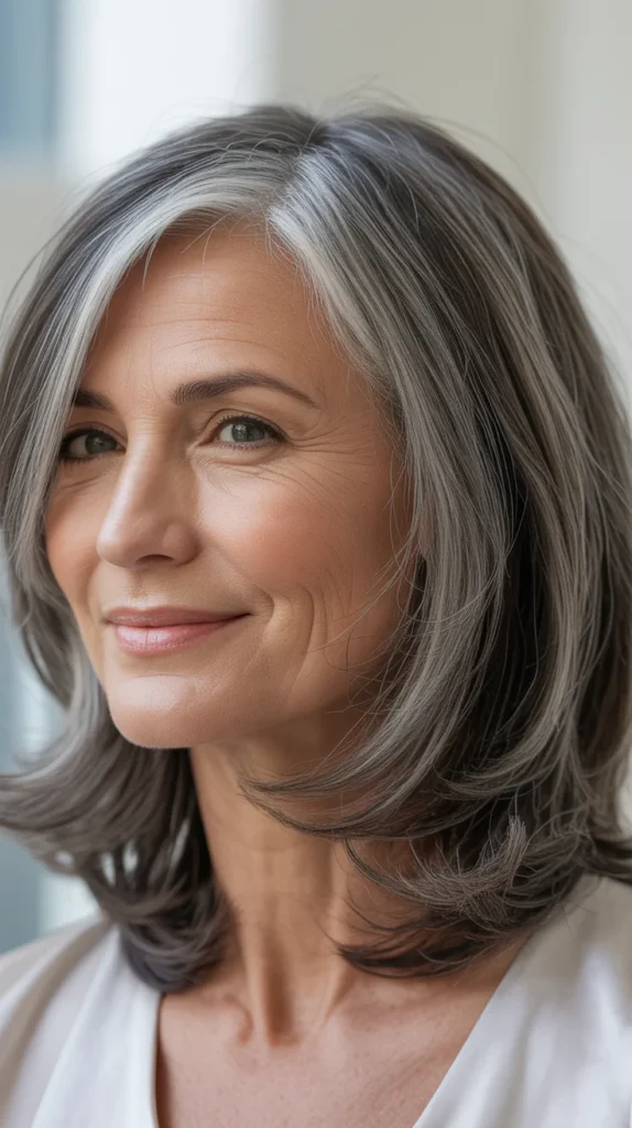 Chic Medium-Length Gray Hair with Lowlights for Women Over 50