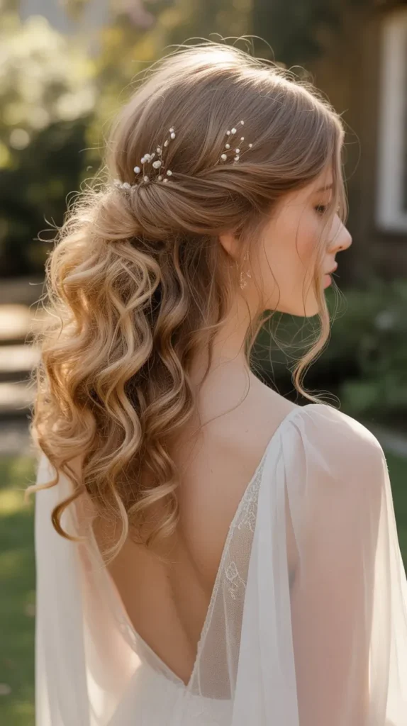 Classic Half-up Half-down Wedding Hairstyles with Loose Curls