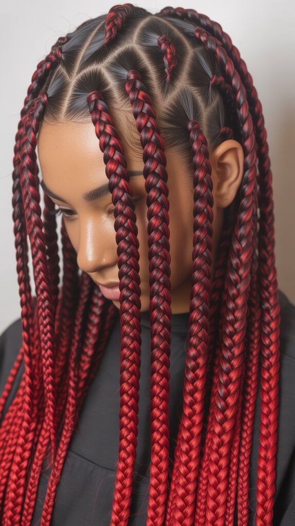 Bold Feed-In Knotless Braids with Red Highlights for a Fiery Look!