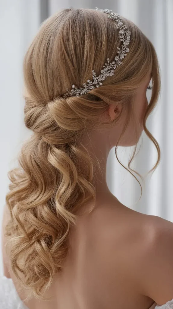 Half-up Half-down Wedding Hairstyles with a Sparkling Headpiece