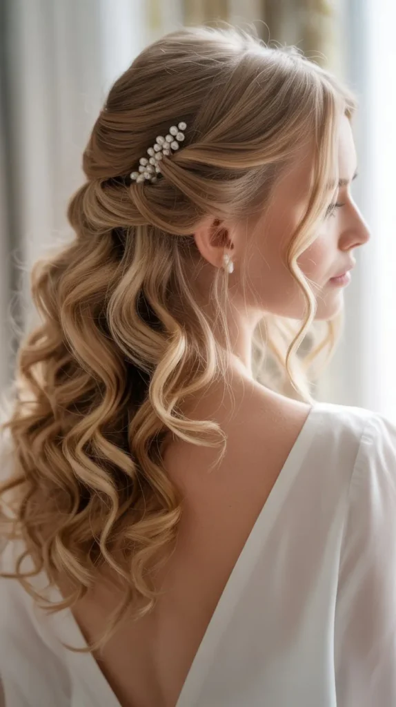 Half-up Half-down Wedding Hairstyles with Cascading Curls