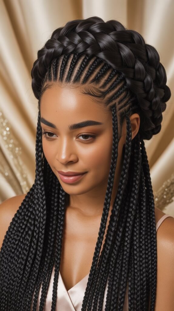  Glamorous Feed-In Knotless Braids with a Crown Braid for a Royal Look!