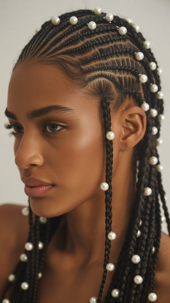 Scalp Braids for Black Women with Pearls