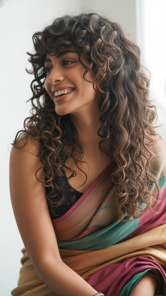 Loose Curls Hairstyles with a Saree