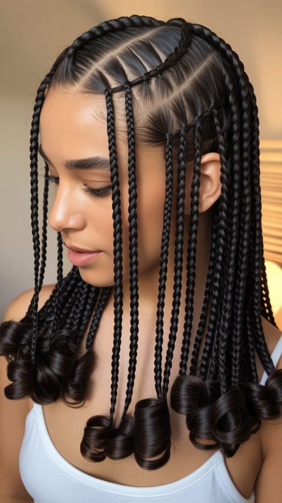 Flirty Side Part Knotless Braids with Small Curls