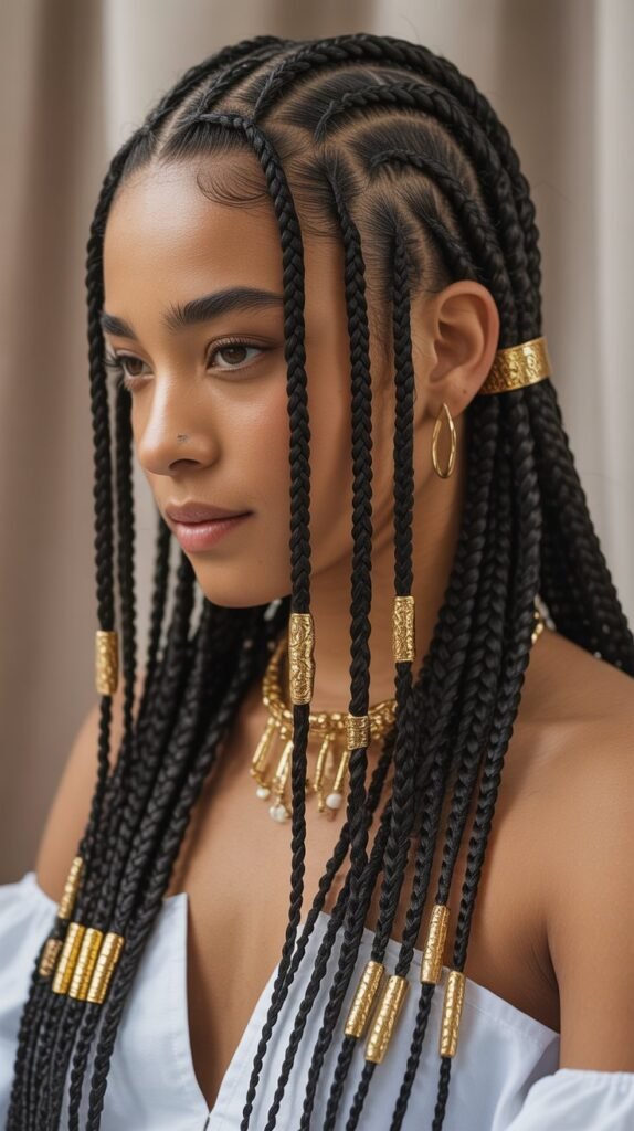 Elegant Fulani Knotless Braids with Gold Accents