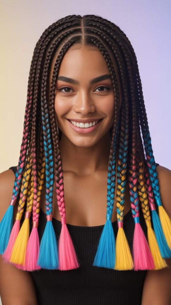 Feed-In Knotless Braids with Colored Tips for a Fun, Playful Twist!