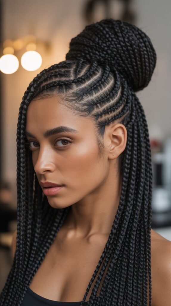 Chic Side Part Knotless Braids with a High Bun