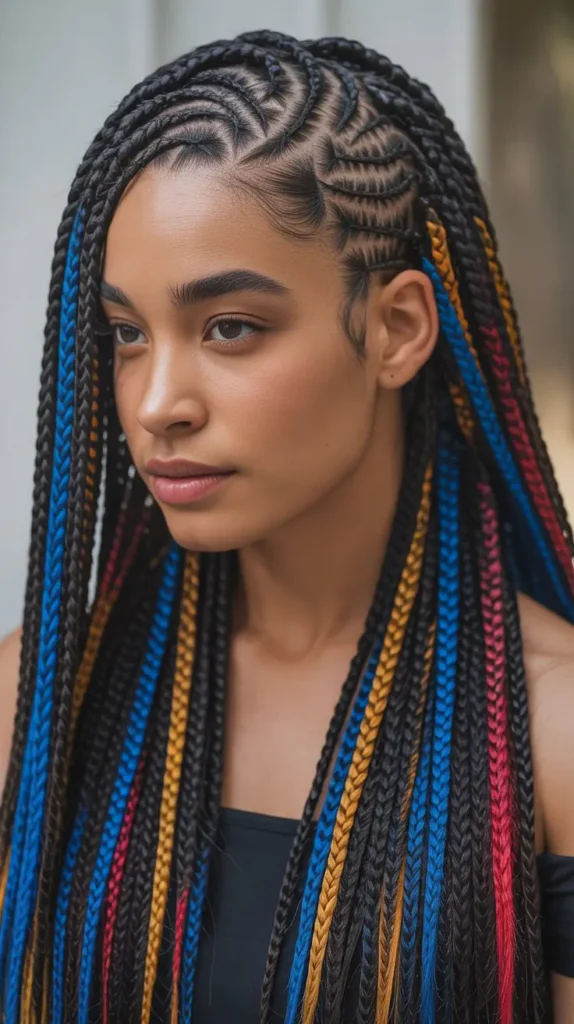 Bold Fulani Knotless Braids with Colored Highlights