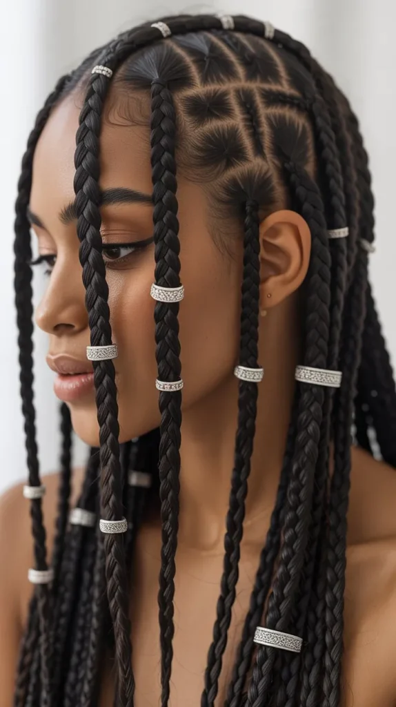 Sophisticated Fulani Knotless Braids with Silver Accents