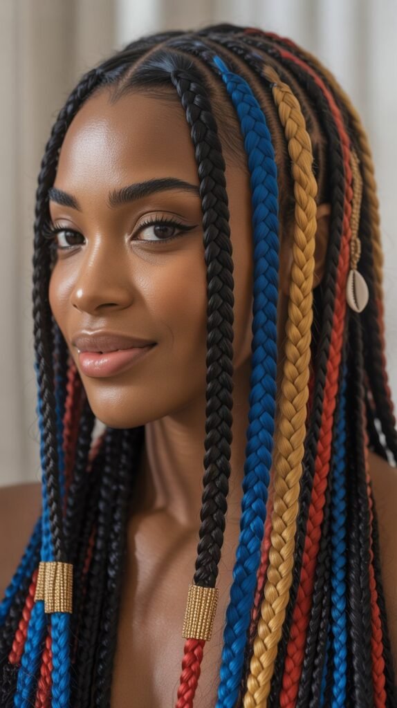 Bold Black Fulani Knotless Braids with Bold Streaks