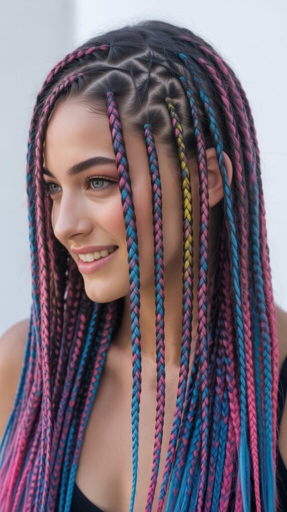 Playful Side Part Knotless Braids with Colorful Highlights